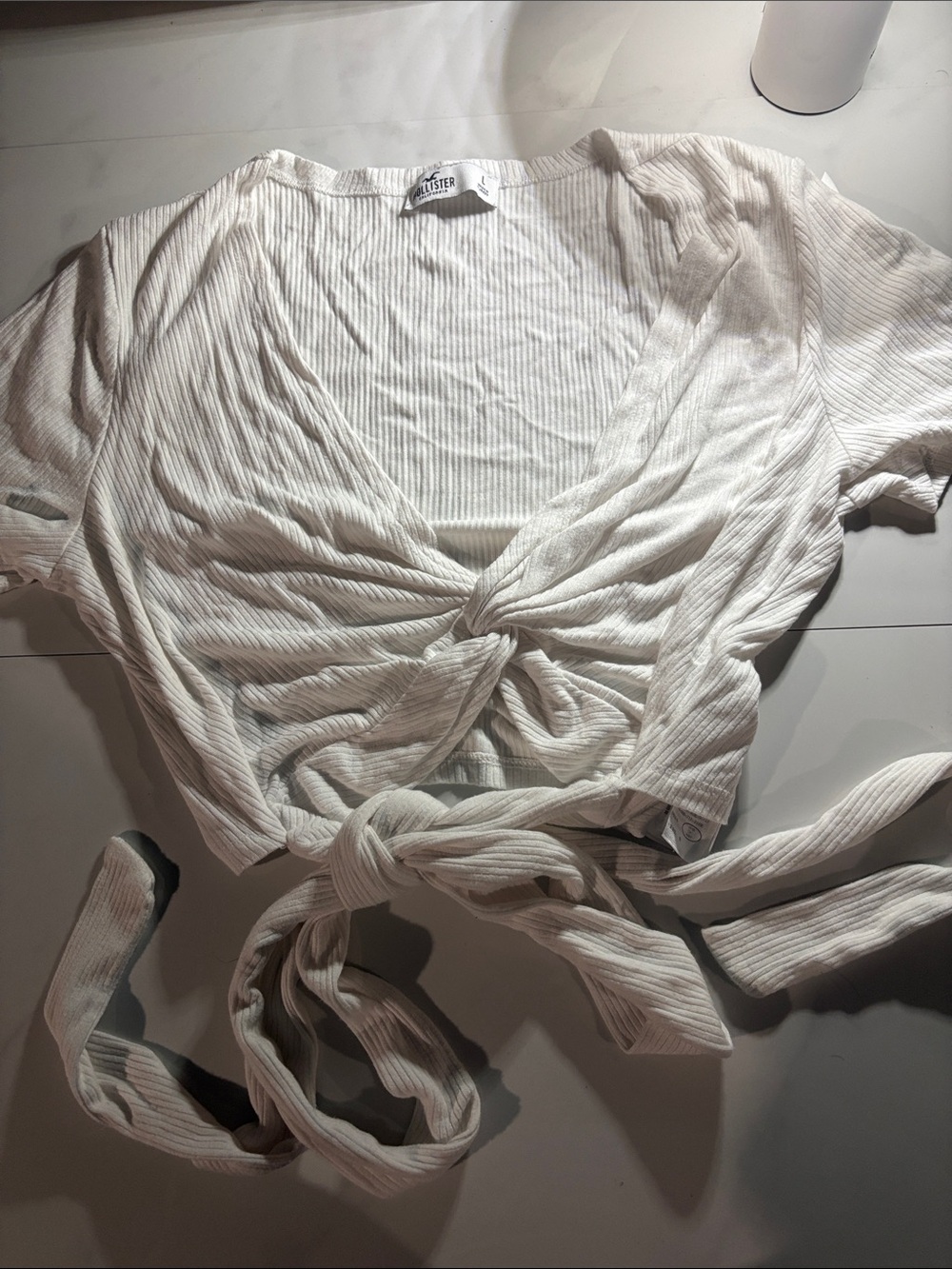 Hollister White Ribbed Tie-Front Crop Top